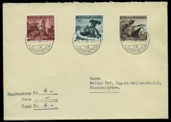 Jagd 1950, kpl. Serie auf NN-Ersttagsbrief von Vaduz 7.III.50 nach ...